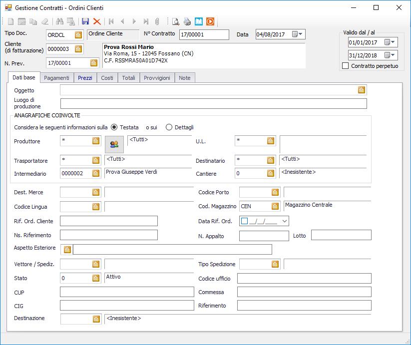 CONTRATTI CLIENTI Voce di menu: Preventivi & Contratti > Contratti Clienti > Gestione Contratti/Ordini Clienti.