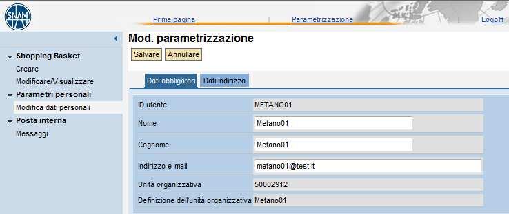 Modificare parametri utente La prima cartella Dati obbligatori consente di verificare la correttezza di Nome, Cognome ed indirizzo e-