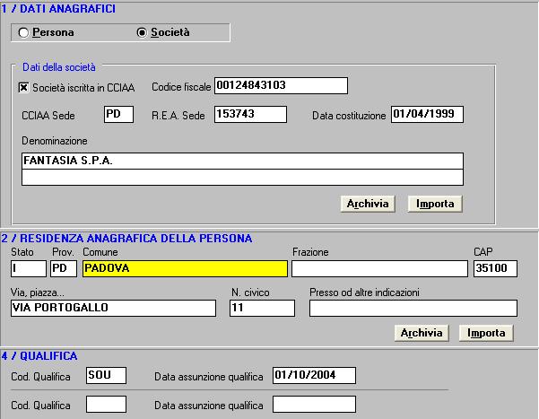 2) una persona giuridica, in tal caso il quadro andrà