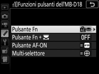 f10: Funzioni pulsanti dell'mb-d18 Pulsante G A menu personalizzazioni Questa opzione è disponibile quando è collegato un multi-power battery pack MB-D18 opzionale.