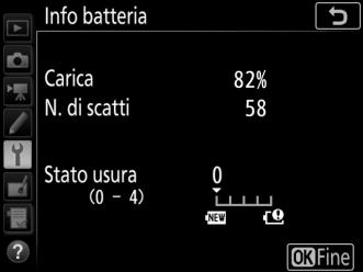 Info batteria Per visualizzare informazioni sulla batteria ricaricabile attualmente inserita nella fotocamera.