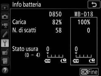 A Il multi-power battery pack MB-D18 Il display dell'mb-d18 è mostrato nell'illustrazione. Nel caso di batterie ricaricabili EN-EL18b, il display indica se è necessaria la calibrazione.