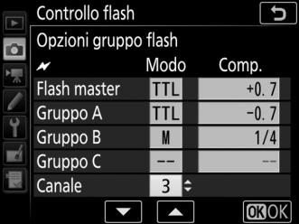 Gruppo flash Selezionare questa opzione per regolare le impostazioni separatamente per ciascun gruppo.
