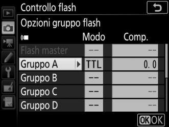 3 C: scegliere il modo controllo flash. Scegliere il modo controllo flash e il livello flash per il flash master e le unità flash in ciascun gruppo: TTL: controllo flash i-ttl.