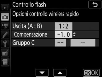 Controllo wireless rapido Selezionare questa opzione per controllare la compensazione flash generale e il relativo bilanciamento, per i gruppi A e B, mentre si imposta la potenza per il gruppo C