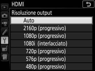 Opzioni HDMI L'opzione HDMI nel menu impostazioni (0 178) controlla la risoluzione output e altre opzioni HDMI avanzate.
