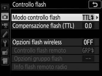 Controllo flash Scegliere il modo di controllo flash per i flash esterni opzionali innestati sulla slitta accessori della fotocamera e regolare le impostazioni per le fotografie con flash separato.