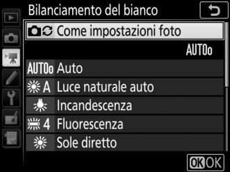 Bilanciamento del bianco Pulsante G 1 menu di ripresa filmato Scegliere il bilanciamento del bianco per i filmati (0 50).