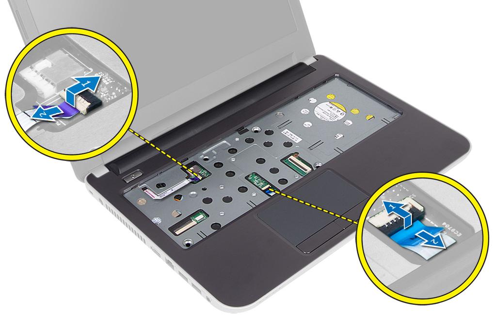 5. Scollegare il touchpad e il cavo del pulsante di alimentazione dalla scheda di sistema. 6.