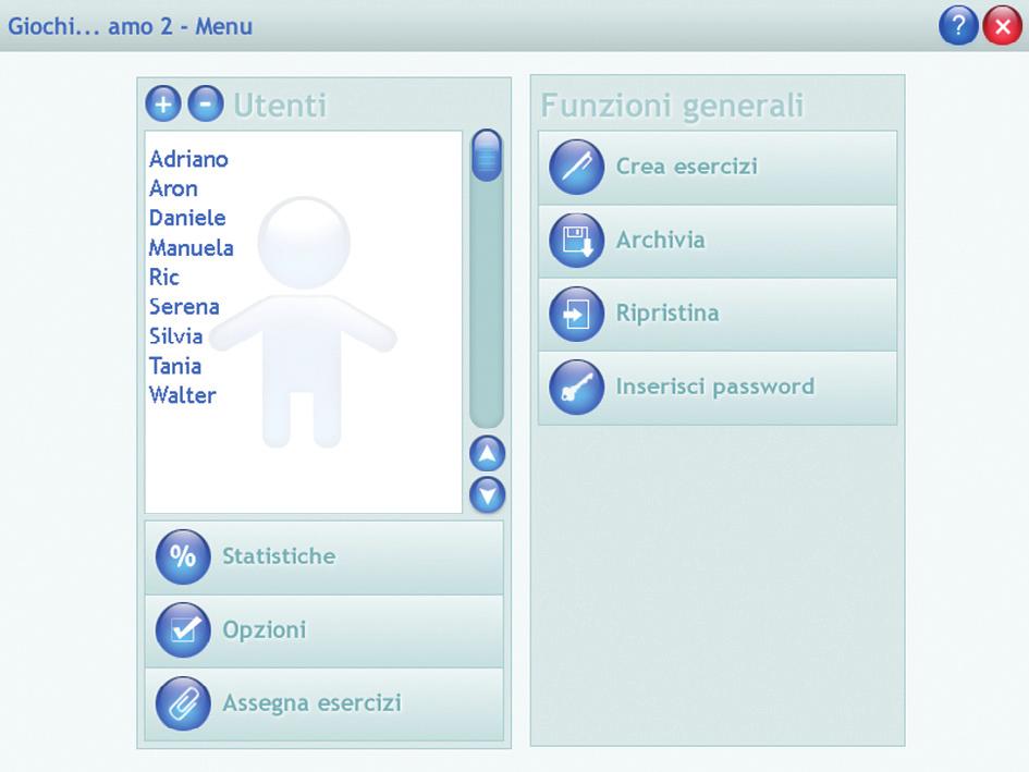 Guida al gestionale Menu Comprende l elenco degli utenti e i pulsanti per accedere alla videata delle statistiche, delle opzioni, dell assegnazione degli esercizi e della creazione degli esercizi