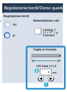 Modulo taglierina SquareFold 1. Toccare i pulsanti freccia per diminuire o aumentare l'impostazione della taglierina. Le regolazioni vengono fatte con incrementi di 0,1 mm/0,0039 pollici. 2.