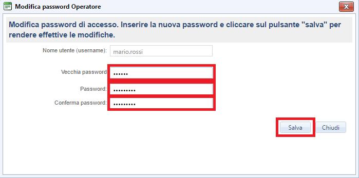 Nella maschera di modifica riportare la Vecchia password, inserire la nuova Password, ripeterla nella Conferma password, quindi cliccare il pulsante Salva: