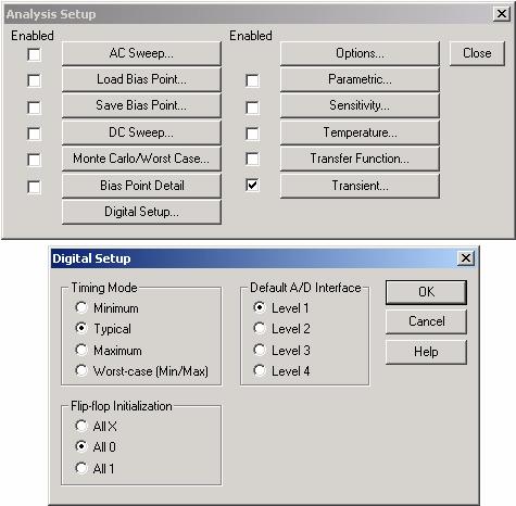 Si è impostato lo stato iniziale dei Flip-Flop dal menù Analysis/Setup/Digital Setup come riportato in figura: Figura 9. Impostazione iniziale di simulazione.