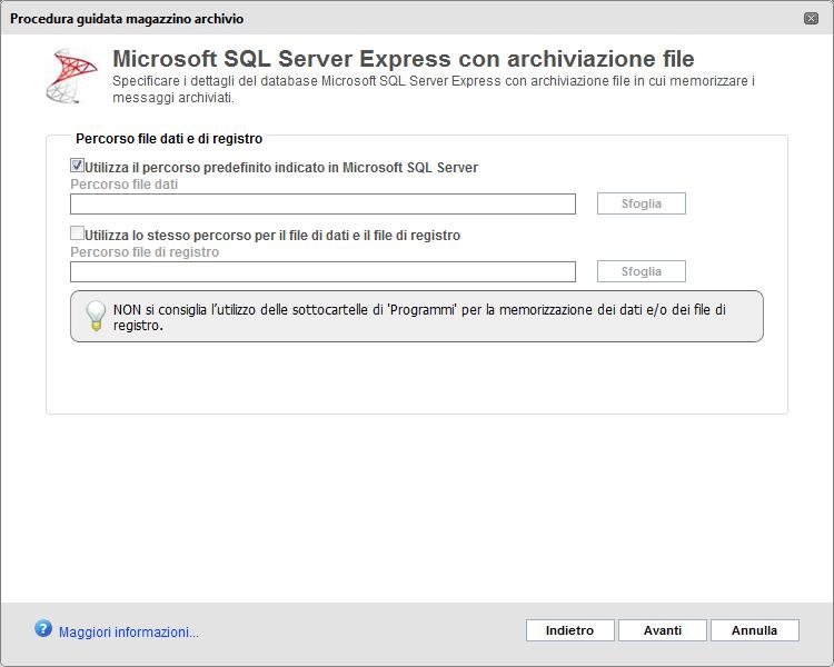 Tabella 21: Opzioni di autenticazione magazzino archivio OPZIONE Autenticazione integrata di Windows Autenticazione Microsoft SQL Server DESCRIZIONE Utilizza le credenziali di accesso dell utente