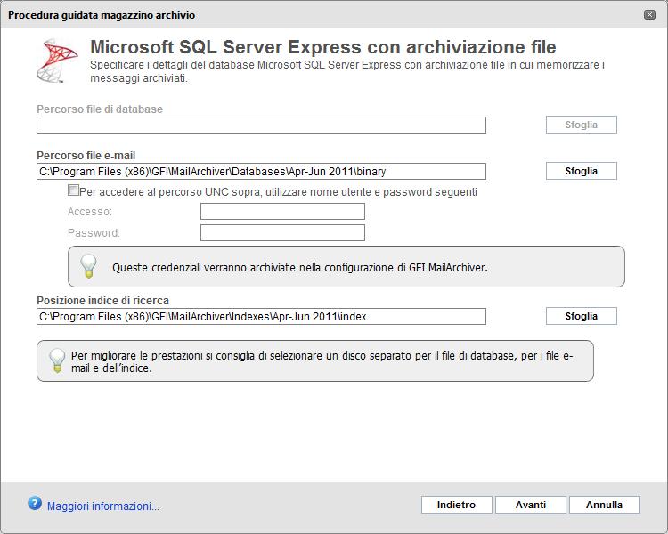 6. Se nella schermata precedente è stato scelto di creare un nuovo database, fornire i percorsi dove salvare i relativi file di dati (.mdf) e di registro (.ldf) di Microsoft SQL Server.