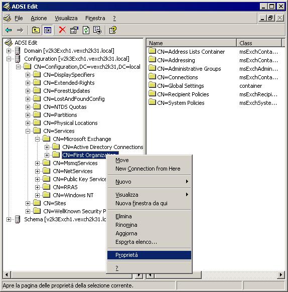 Schermata 28: Modifica ADSI 3. Espandere il nodo Modifica ADSI > Configurazione > <CN=Configurazione> > <CN=Servizi> > <CN=Microsoft Exchange>. 4.