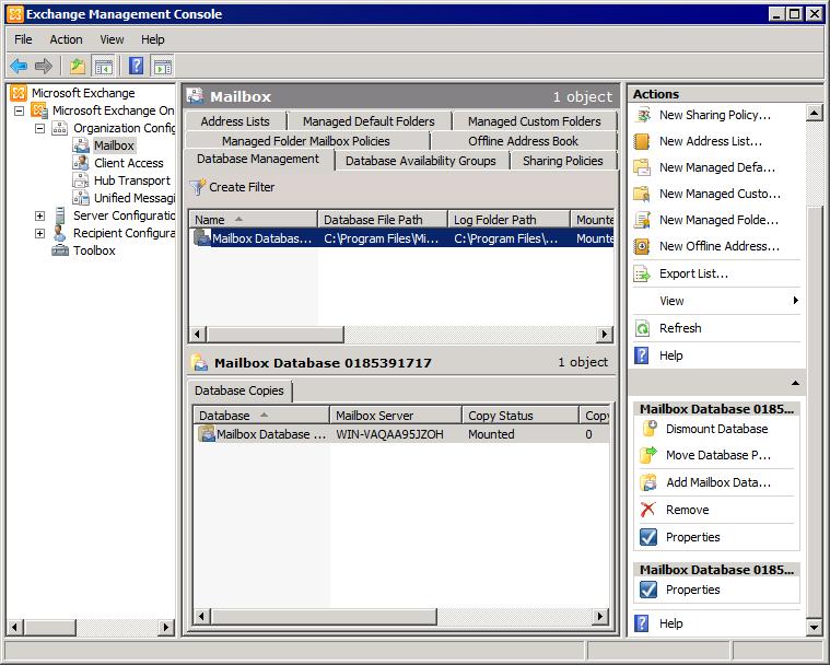 11.6 Disabilitazione dell inserimento nel journal in Microsoft Exchange Server 2010 1. Avviare Microsoft Exchange Management Console. Schermata 45: Configurazione del database di cassette postali 2.