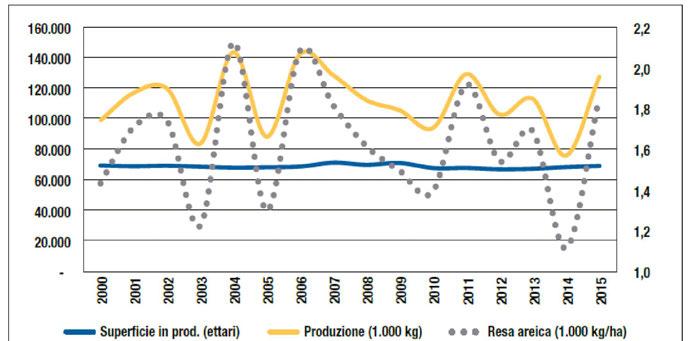 Fonte Lisi et al. Frutticoltura 2017) Dal 2000 ad oggi la produzione italiana di nocciole è ammontata mediamente a 110.000 t /anno.