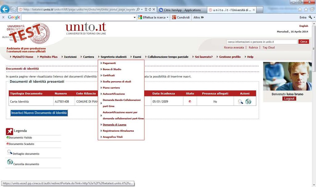 Dal menù Segreteria studenti