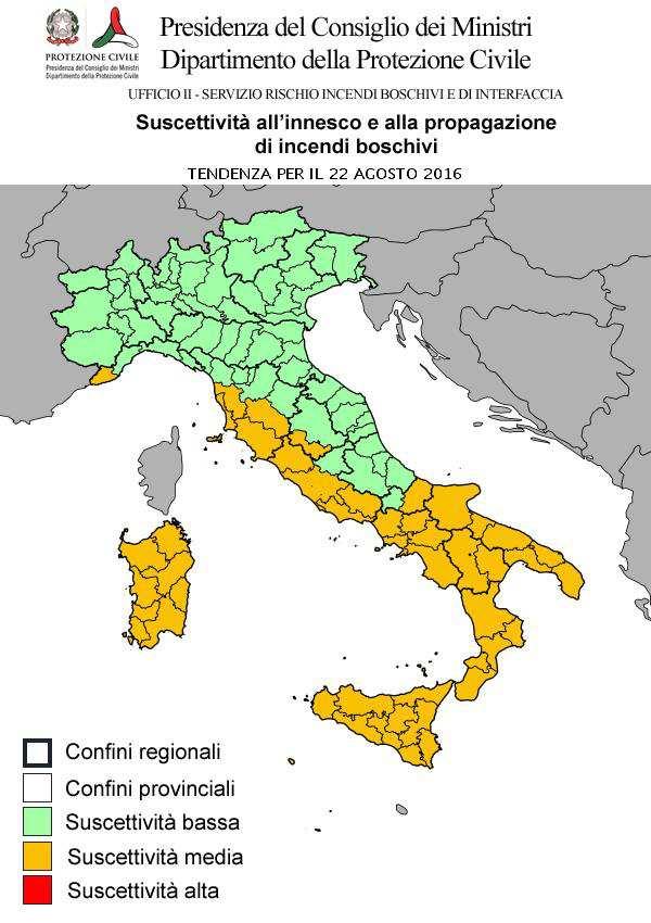 CONDIZIONI DI SUSCETTIVITA' ALL'INNESCO E ALLA PROPAGAZIONE DI INCENDI BOSCHIVI PREVISTE PER IL 22 AGOSTO 2016 BASSA MEDIA ALTA VALLE D'AOSTA AO PIEMONTE LOMBARDIA TRENTINO A. A. VENETO FRIULI V.