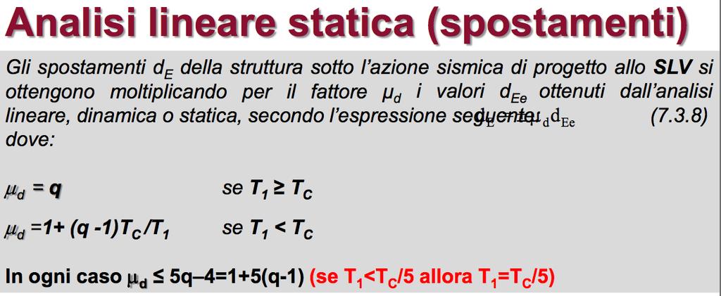 Valutazione degli spostamenti Gli spostamenti d E della struttura sotto l azione sismica di progetto allo SLV si ottengono moltiplicando per il fattore μ d i valori d Ee