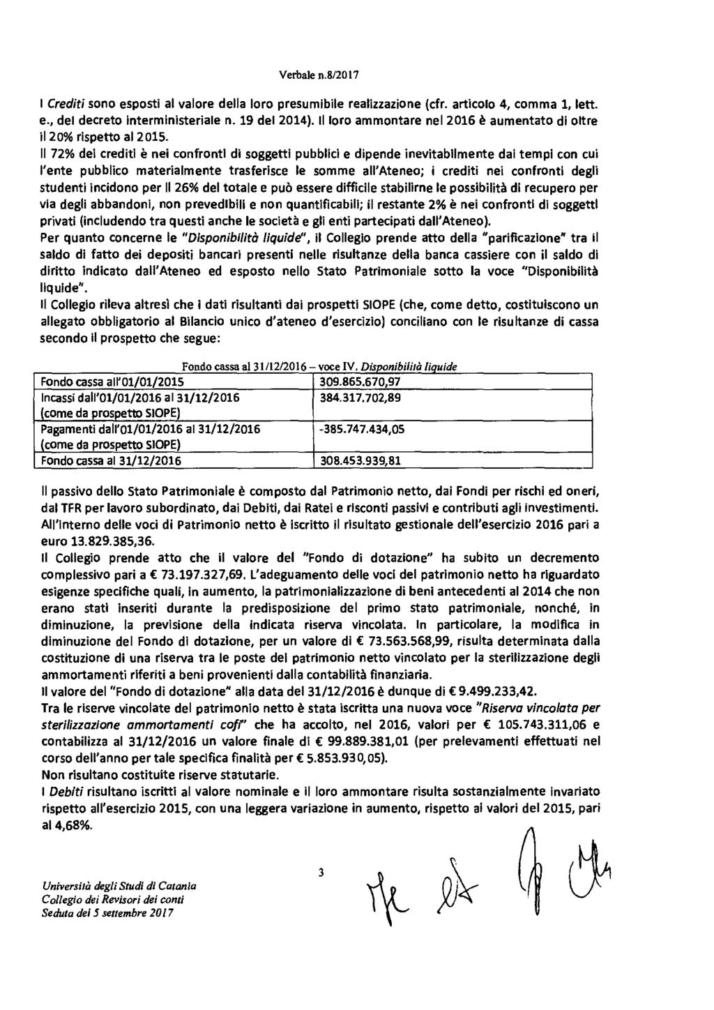 Verbale n.8/2017 I Crediti sono esposti al valore della loro presumibile realizzazione (cfr. articolo 4, comma 1, lett. e., del decreto interministeriale n. 19 del 2014).