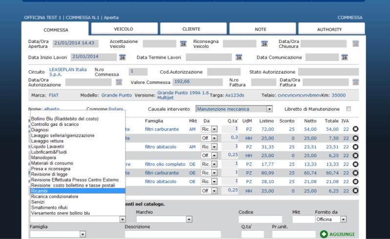 COMMESSE >> COMPILAZIONE >> MANUALE [ ] Selezionare l attività, servizio o ricambi che si vuole inserire manualmente : Ricambi : per inserire manualmente ricambi (in questo acso poi bisogna inserire