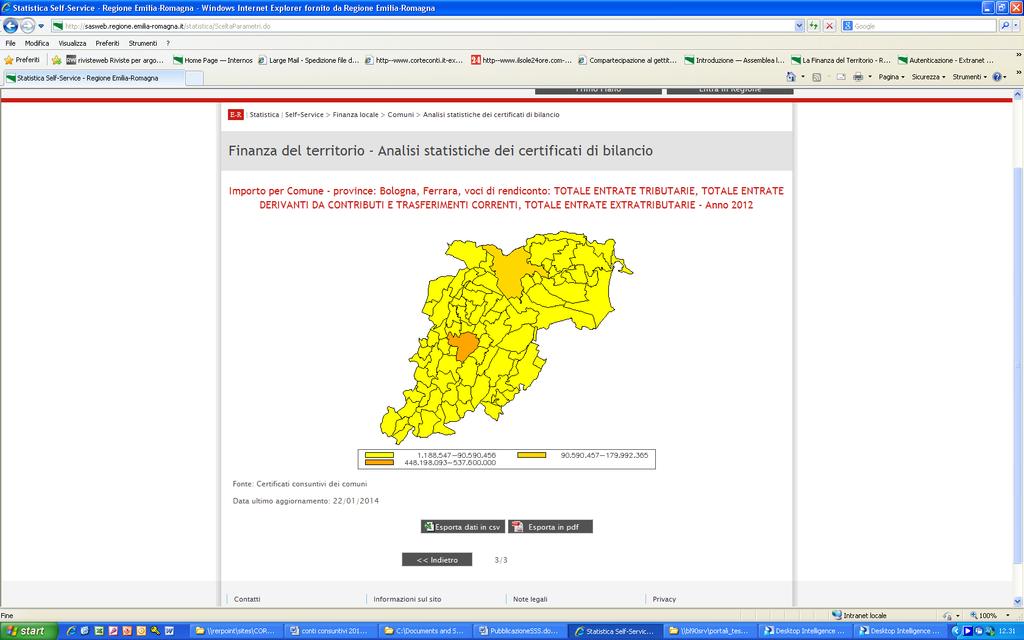 Nel caso della selezione delle province di Ferrara e Bologna esistendo i due comuni capoluogo che hanno valori molto maggiori rispetto gli altri nella carta tematica avremo solo tre classi, una