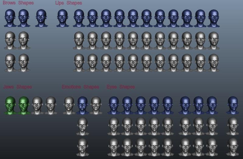 Blend shapes per animazione facciale: workflow Modellatore 3D fa: il set di blend-keys Animatore (delle espressioni) decide: i pesi tipicamente: attraverso