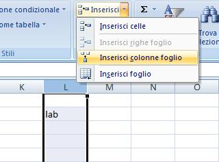 Inserire Colonne Per inserire una riga Selezionare la colonna che si dovrà