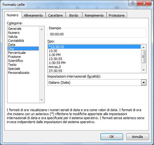 Formattare l ora Nel formato ora è possibile scegliere il formato dell ora dalla finestra di dialogo selezionare il formato sotto Tipo formato 12/24 ore