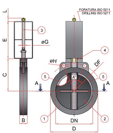 Valvole con battute / Valves with seat Tipo lug-wafer / Lug-wafer type POS DESCRIZIONE / DESCRIPTION MATERIALE / MATERIAL 1 CORPO / BODY ACCIAIO INOX AISI 304 / STAINLESS STEEL AISI 304 2 DISCO /