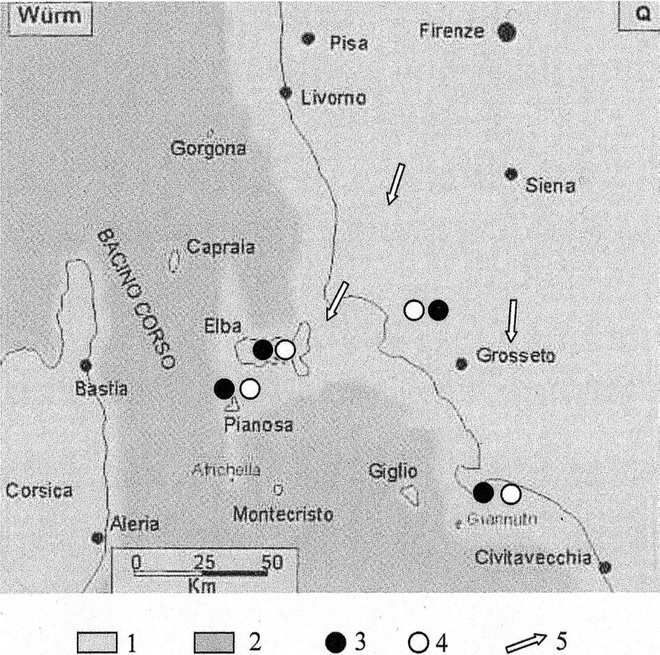 11 - Assetto paleo-geografico del territorio della Toscana durante il Pliocene inferiore. A) Bacino marino tirrenico attuale, B) aree sommerse dell attuale territorio toscano, C) aree emerse.