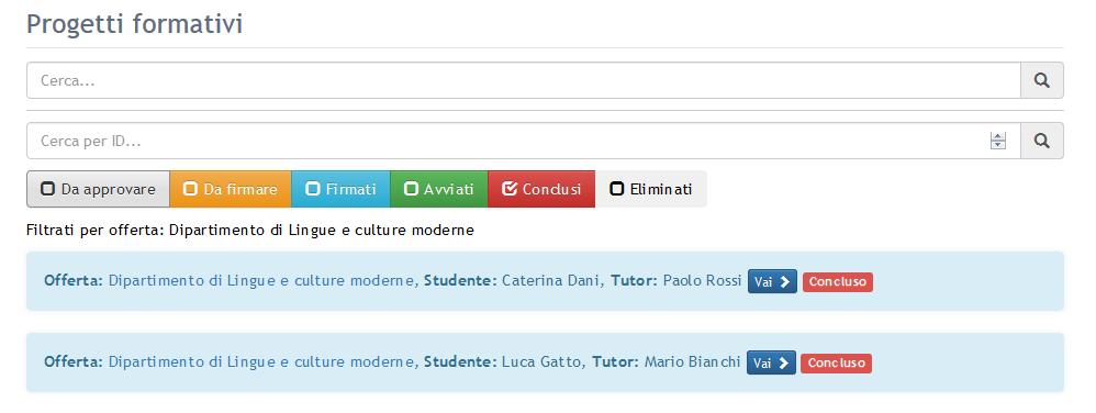 Infine dalla homepage è possibile visualizzare l elenco dei progetti formativi di tutti i propri studenti: