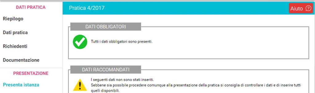 Completata la fase di caricamento della documentazione in formato pdf/p7m, cliccare su Presenta