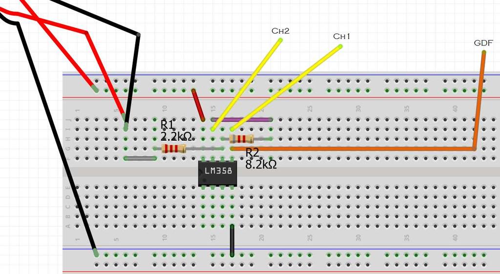 Schema di montaggio Accanto è illustrato lo schema di montaggio su breadboard di un amplificatore operazionale in configurazione non invertente.