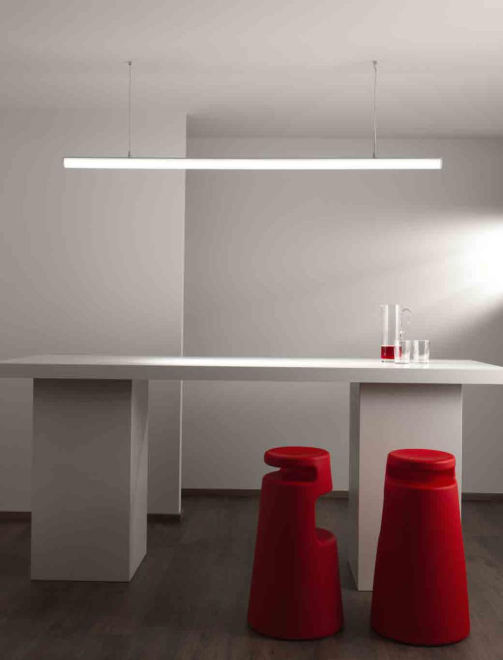 Diffusion suspension lamp with LED. Opal body suspended by metal cable with adjustable height. Use of power LED.