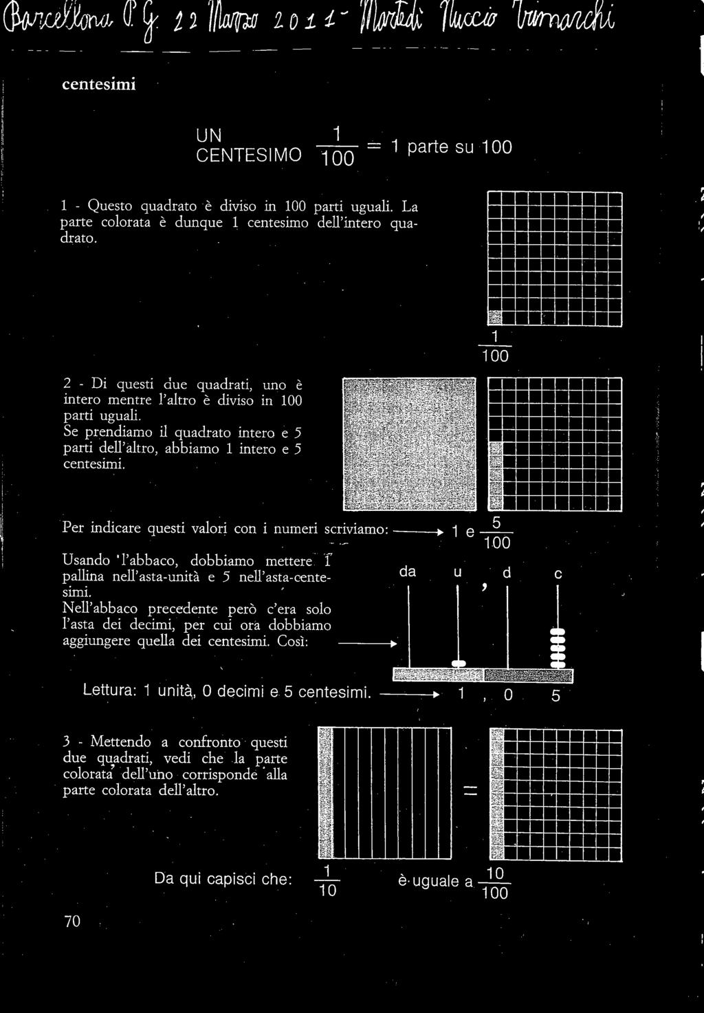 Per indicare questi valori con i numeri scriviamo: Usando 'l'abbaco, dobbiamo mettere f pallina nell'asta-unità e 5 nell'asta-centesimi.