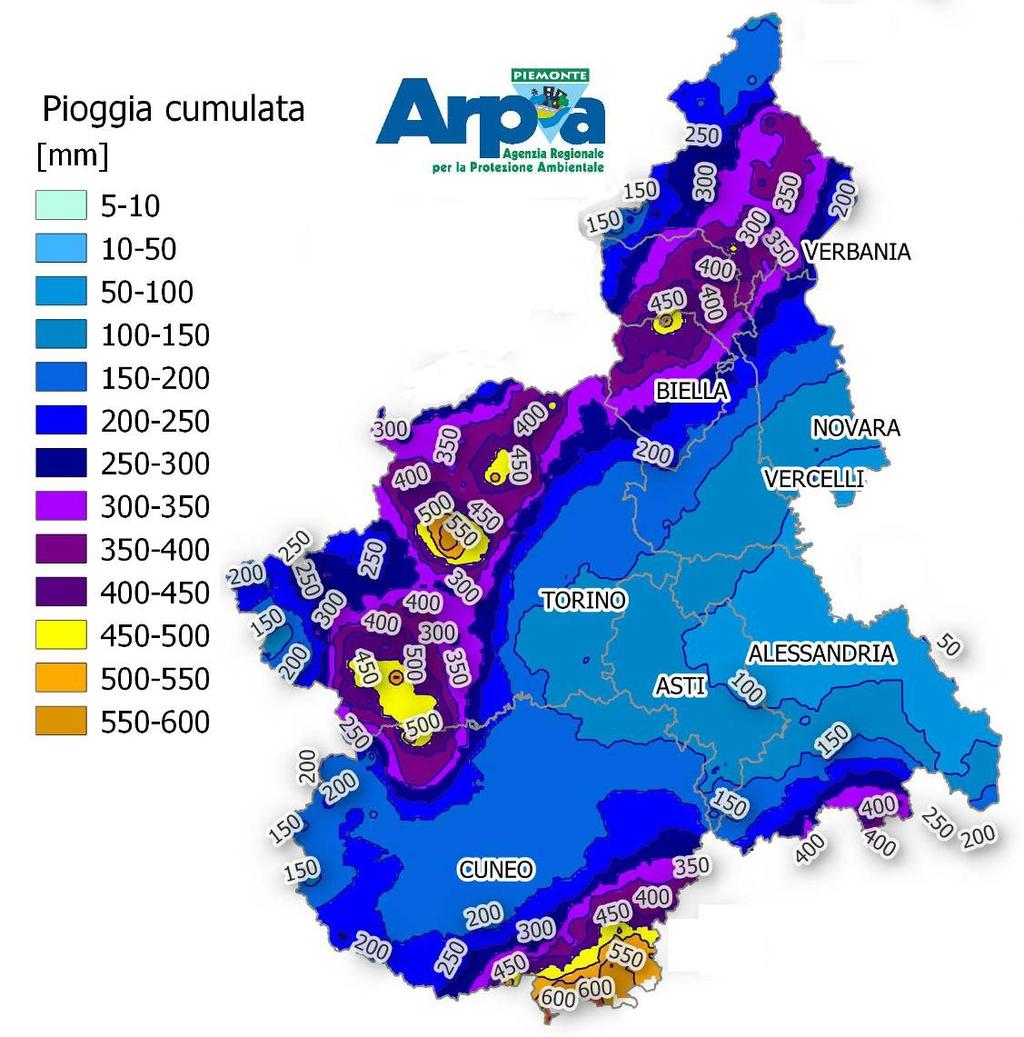 Figura 14 - Pioggia cumulata dal 21 al 26 novembre 2016 La quota neve è stata inizialmente prossima ai 1500-1700 m nella giornata di lunedì 21 novembre, localmente fino a 1200-1400 m all'interno