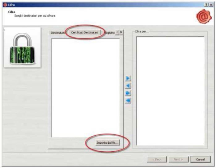 5. Nella finestra che appare, cliccare su Certificati destinatari e poi su Importa da file 6. Nella finestra Open selezionare il file cciaa.cer e poi cliccare su Open.
