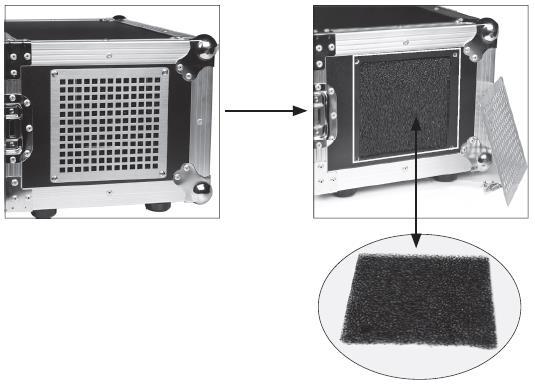 Con l'utilizzo prolungato, può accumularsi polvere nel filtro aria laterale della valigetta da trasporto.