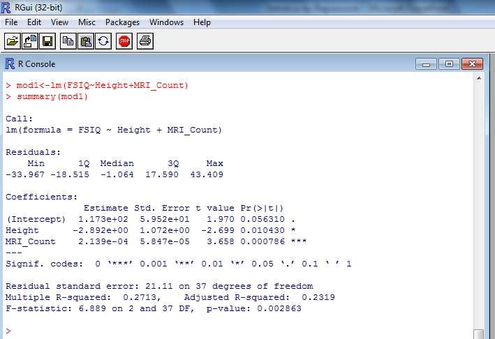 La regressione multipla con R > d <- read.table("iq.txt", header = TRUE) > head(d) Gender FSIQ VIQ PIQ Weight Height MRI_Count 1 Female 133 132 124 118 64.5 816932 2 Male 140 150 124 151 72.