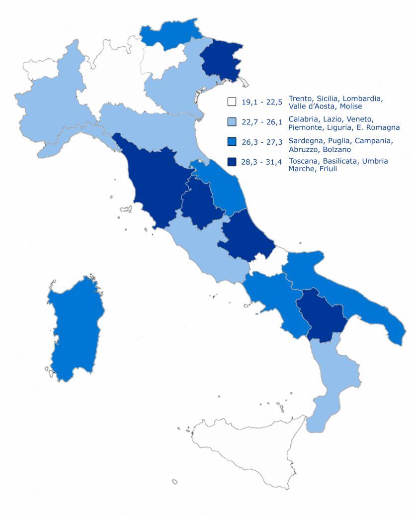 Farmaci oncologici (ATC L01), distribuzione in quartili della spesa pro capite pubblica e