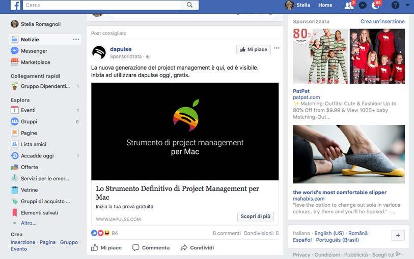 Gli annunci pubblicitari Facebook Side bar ad feed ad Stella