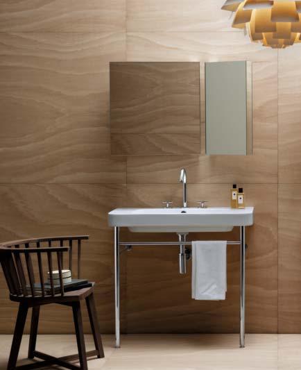 lavabo cm 90 TUL 290 su struttura in ottone cromato TUST 90. rubinetteria 3 fori LINEA. Specchio MIRROR BOOK.