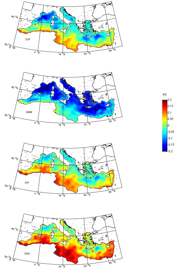 Figura 30: Differenza del livello del mare (metri) tra il periodo 2021-2050 (scenario RCP8.5) e 1981-2010 calcolata su base stagionale.