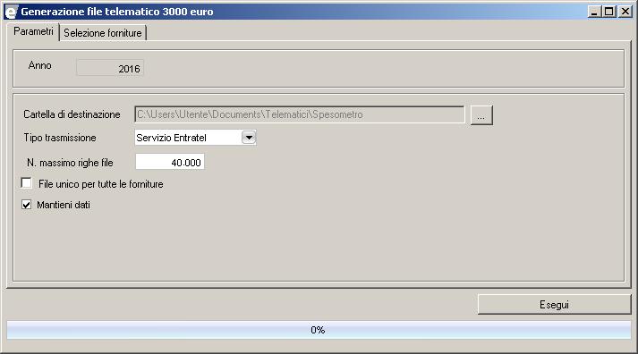 2.3.19 Generazione file telematico Il programma Generazione file telematico (menu efiscali / Comunicazioni / 3000 euro (Spesometro) / Elaborazioni) consente di generare il file telematico a partire