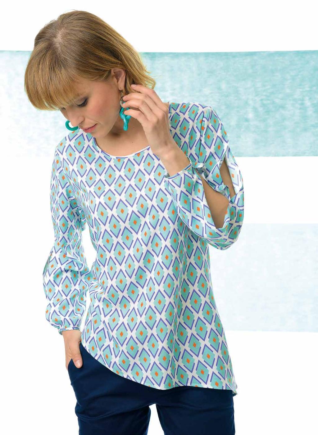 Sconto 57,00 Camicia LIA FANTASIA ROMBI (COD 538) TAGLIE: 42, 44, 46, 48, 50, 52, 54 (100% viscosa) Una allegra stampa a losanghe nei colori del sole e del mare è il motivo caratteristico dell