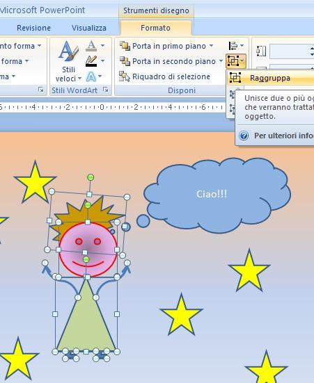 Ora cambia il colore, l orientamento e se vuoi il contorno alle forme inserite: clicca sopra la forma per selezionarla si attiva la scheda Strumenti disegno clicca su riempimento forma si apre la