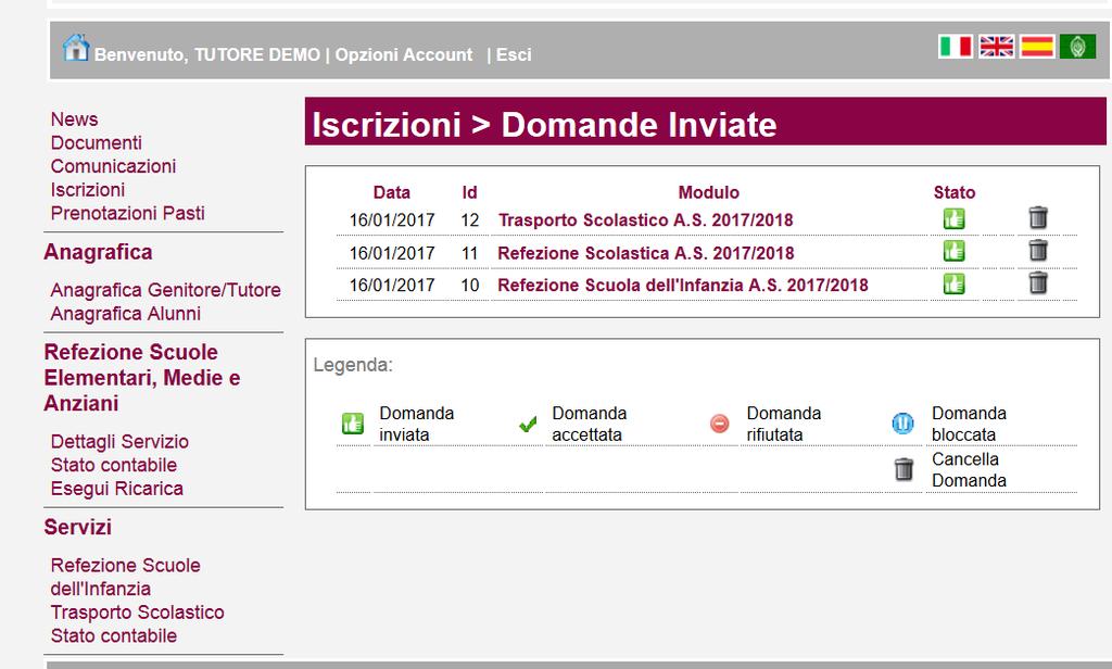Il sistema mostra quindi l elenco delle domande inviate e la situazione di ognuna: Nell esempio sopra riportato il genitore ha inoltrato le domande per i vari servizi scolastici che sono in stato di